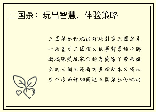 三国杀：玩出智慧，体验策略